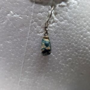 Silver Toned Dangle Hook Earrings With Green and White Stone Bead Focus